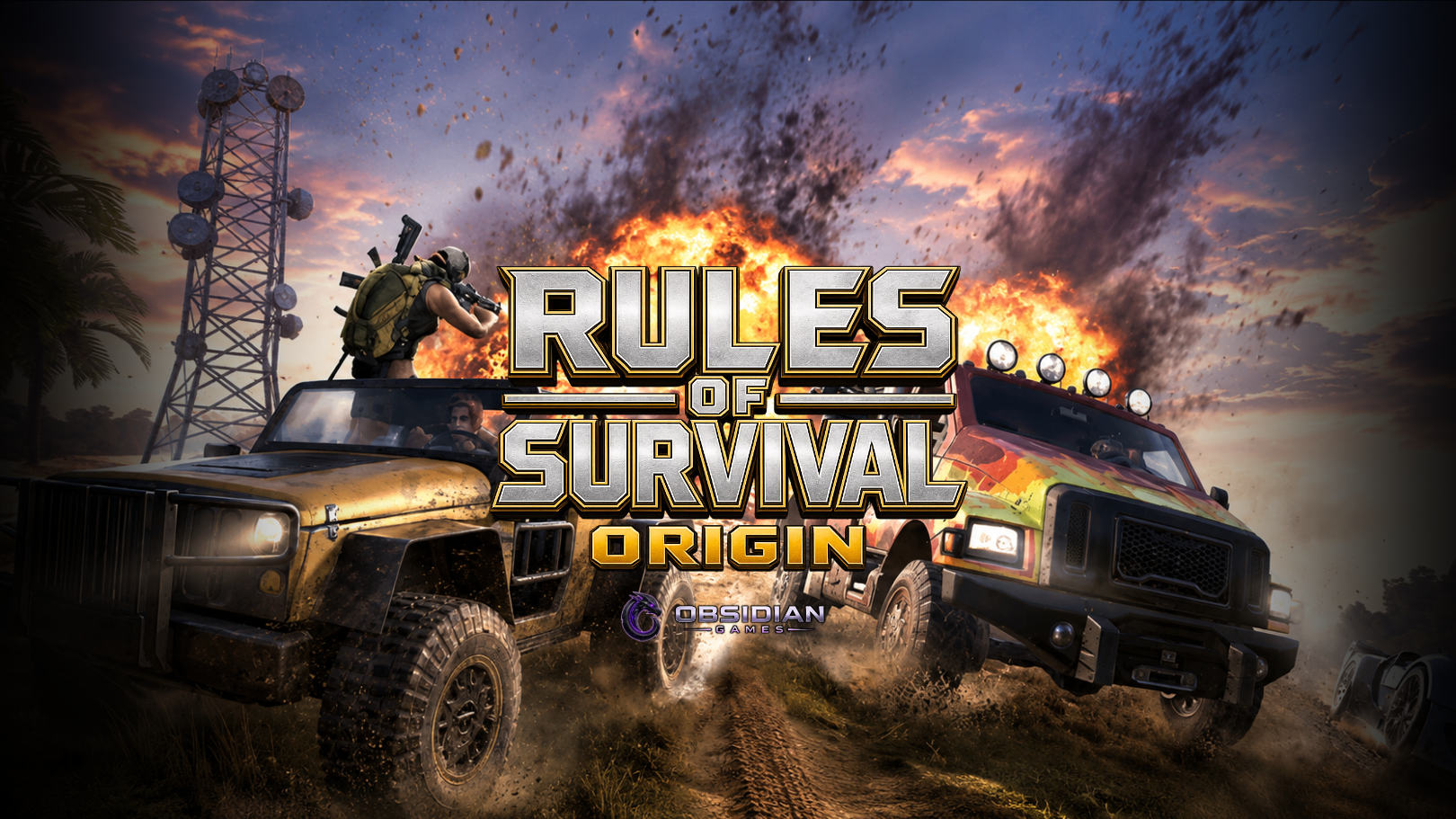 ROS: Origin key art — armored vehicles racing past an explosion